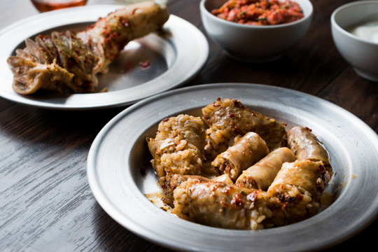 Turkish Food Minced Meat and Rice Stuffed Tripe Mumbar Dolma with Sirdan / Shirdan Dolmasi.