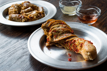 Turkish Food Minced Meat and Rice Stuffed Tripe Sirdan / Shirdan Dolma and Mumbar Dolmasi