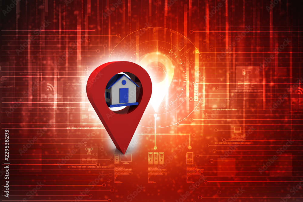 Poster 3d illustration search for property.a map with large red gps pointer containing