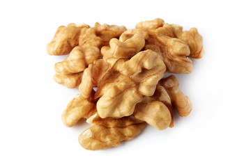 Close up of walnut kernels isolated on white background