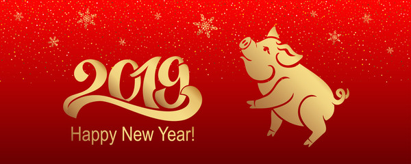 Pig is a symbol of the 2019 Chinese year. Greeting card, poster. Vector illustration. Eps 10