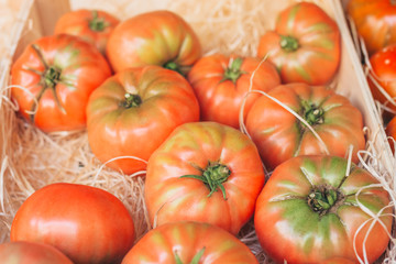 Large juicy tomatoes in a box on the market