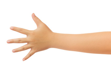 Human hand in reach out one's hand and showing 5 fingers gesture isolate on white background with...