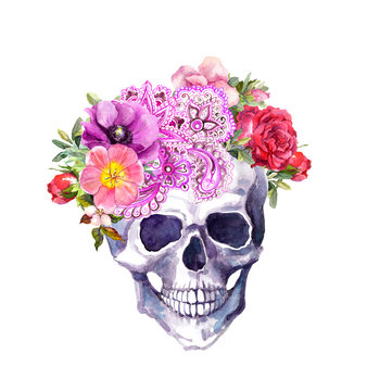 Human skull - flowers, ethnic ornament in boho style. Watercolor