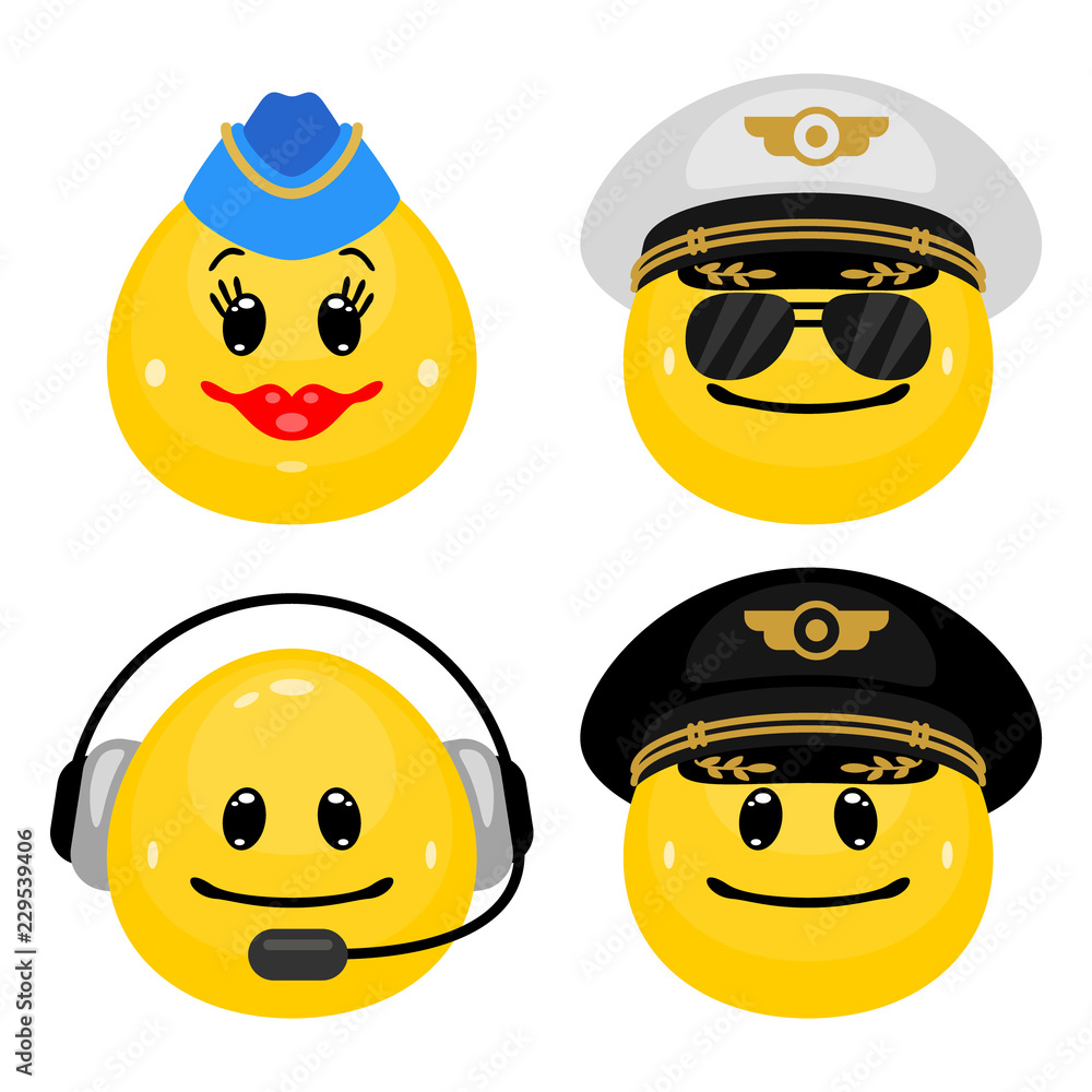 Wall mural vector emoticon set of pilots and stewardess. face icons of officers and flight attendants in cartoo