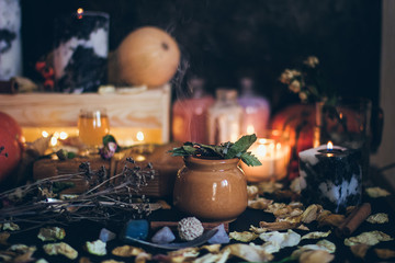 A ritual halloween witchcraft scene with candles, herbs, spider web, vintage bottles on the rustic background
