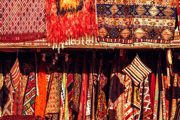 Amazing traditional handmade turkish carpets in souvenir shop.