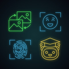 Machine learning neon light icons set