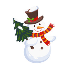 Cheerful Snowman holding a Christmas Tree. Holiday Vector