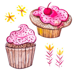 Tasty delicious dessert. Cupcakes. Sweet junk food. Isolated watercolor illustration.