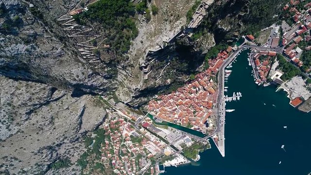 Aerial view on the old road serpentine behind old town Kotor