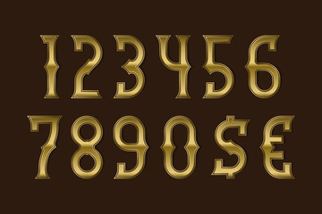 Adventure golden stylized numbers with currency signs of dollar and euro.