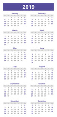 Bookmark style 2019 calendar, planner organiser and schedule