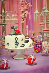 Sweet cake on a festive buffet. Cake on the table in the restaurant.