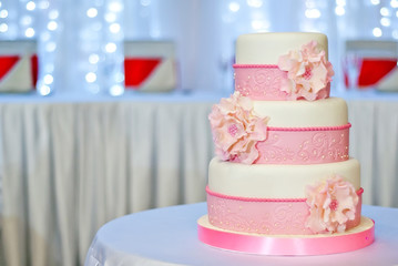 Sweet cake on a festive buffet. Cake on the table in the restaurant.