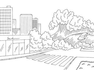 Tsunami flood graphic black white landscape city sketch illustration vector