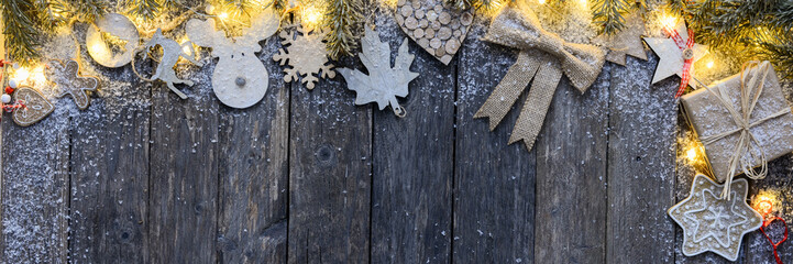 christmas wooden and natural decoration ornament wide horizontal banner with copyspace