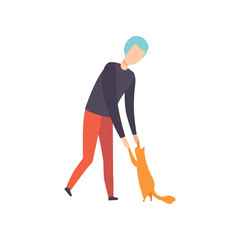Young man playing with his cat, adorable pet and its owner vector Illustration on a white background