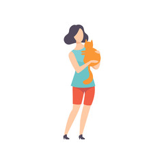 Young woman embracing her pet cat, adorable pet and its owner vector Illustration on a white background