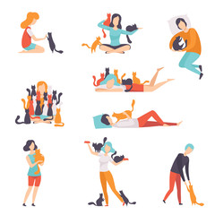 People hugging, caring, and playing with their cats set, adorable pets and their owners vector Illustration on a white background
