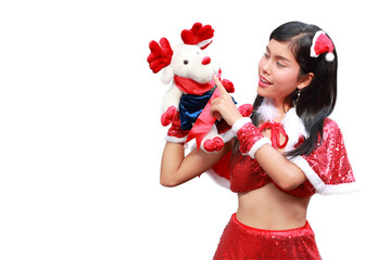 beautiful and sexy santa girl with christmas gifts on hands isolated and white background