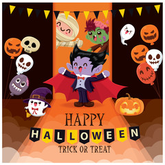 Vintage Halloween poster design with vector witch, vampire, zombie, mummy, ghost, demon, Jack O Lantern, zombie, balloon, monster character.  