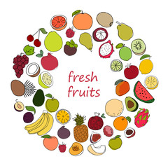 Sketch style hand drawn collcetion of fresh fruit in circle isolated on white background