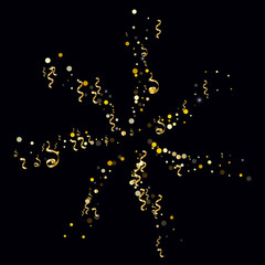 Golden serpentine and confetti on a black background Festive design of wallpaper, background, cover, printing, packaging