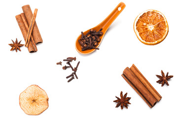 Cinnamon sticks and star anise isolated on white background