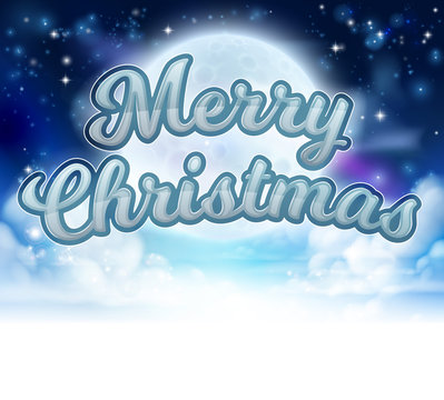 A Merry Christmas message sky clouds and moon cartoon graphic
