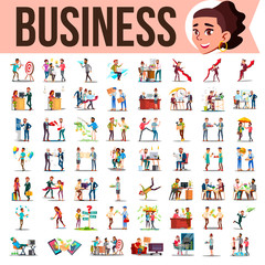 Business People Set Vector. Office Lifestyle Situations. Modern Company Workers. Colleagues Working And Communicating Together. Man, Woman. Illustration