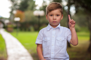 Small beautiful brown-eyed boy first-grader standing with finger on a blurred background. Portrait of beautiful little preschool boy in a white shirt walking in the park