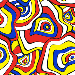 Hand Drawn Wavy Circles. Abstract Seamless Background in Ethnic Style. Vector Psychedelic Pattern with Deformed Rounds. Wave Seamless Pattern for Fabric, Textile, Cloth Design. Distortion, Spots.