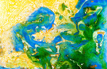 Fototapeta na wymiar Abstract background for text or image. Ebru technique. Modern art. Marbled paper. Marbleized effect. Marble paper texture. Green, blue and yellow.