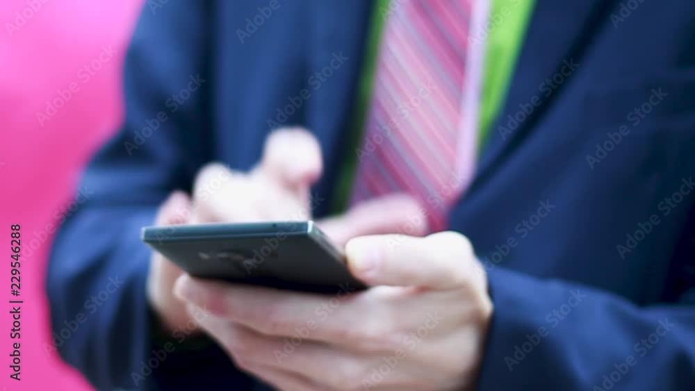 Poster businessman using smartphone working in network internet.