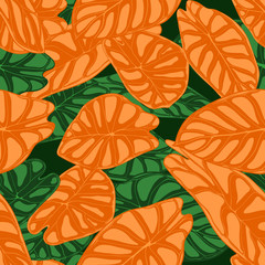 Seamless Tropical Background. Vector Leaves of Alocasia or Philodendron in Watercolor Style. Foliage of Jungle Plants. Exotic Seamless Pattern for Textile, Cloth Design, Fabric, Decor, Wrapping, Tile.