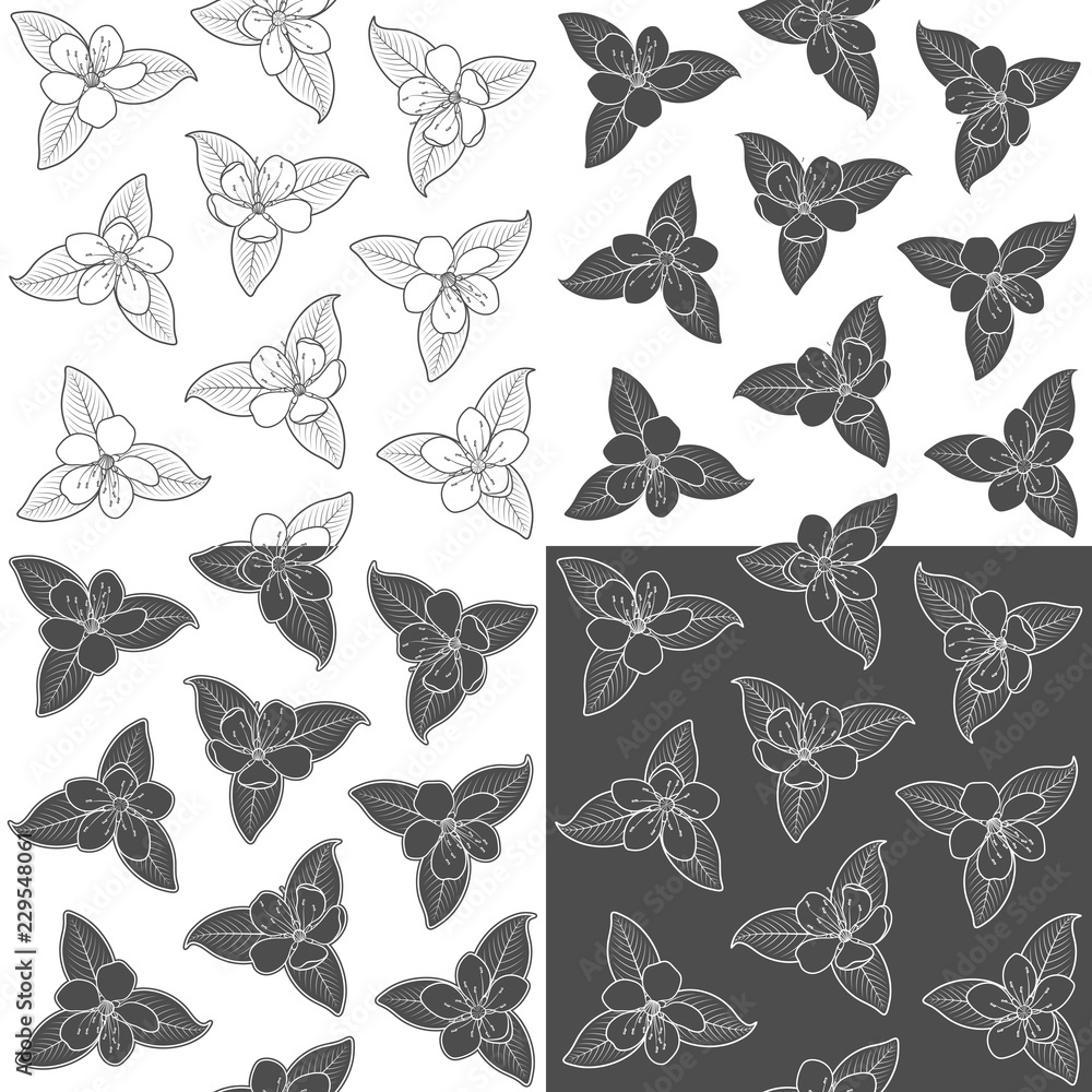Poster set of seamless pattern with black and white spring flowers. vector background with isolated objects