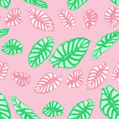 Seamless Jungle Pattern in Pastel Color Design. Vector Tropic Leaves in Watercolor Style. Background with Stylized Plants Alocasia. Exotic Foliage. Seamless Tropical Pattern for Cloth Design, Fabric.