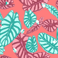 Fototapeta na wymiar Seamless Jungle Pattern. Vector Tropic Leaves in Watercolor Style. Background with Stylized Plants Alocasia. Handwritten Exotic Foliage. Seamless Tropical Pattern for Textile, Cloth Design, Fabric.
