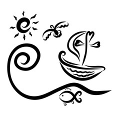 Small ship with a cross and sail, rising wave, bird, fish and sun