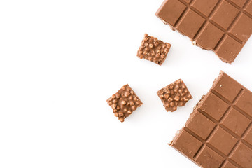 Christmas chocolate nougat isolated on white background. Top view. Copyspace