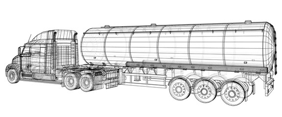 Gasoline tanker, Oil trailer, truck on highway. Very fast driving. Created illustration of 3d. Wire-frame.