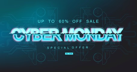 Cyber monday inscription in distorted glitch style. Digital author font, cyber font, advertising discount banner. reative template.