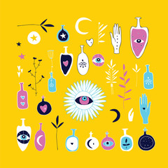 Hand drawn magical esoteric mystic elements on yellow background