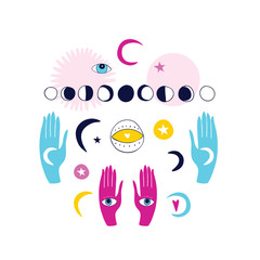 Magical doodle set Hands with esoteric mystic spiritual elements isolated on white background