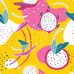 Exotic colorful tropical fruits Dragon fruit Pitaya Pitahaya slices Flowers and abstract elements