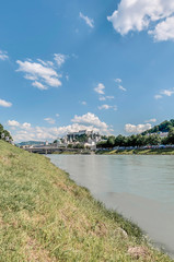 Fototapeta premium Salzach river on its way through Salzburg, Austria