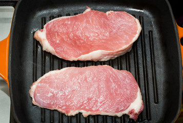 Cooking steak and mushrooms on the grill pan