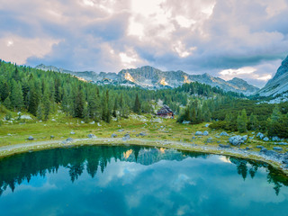 Triglav national park in Slovenia, cottage beside one of seven lakes.