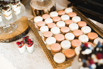 French sweet colorful macarons background, close up